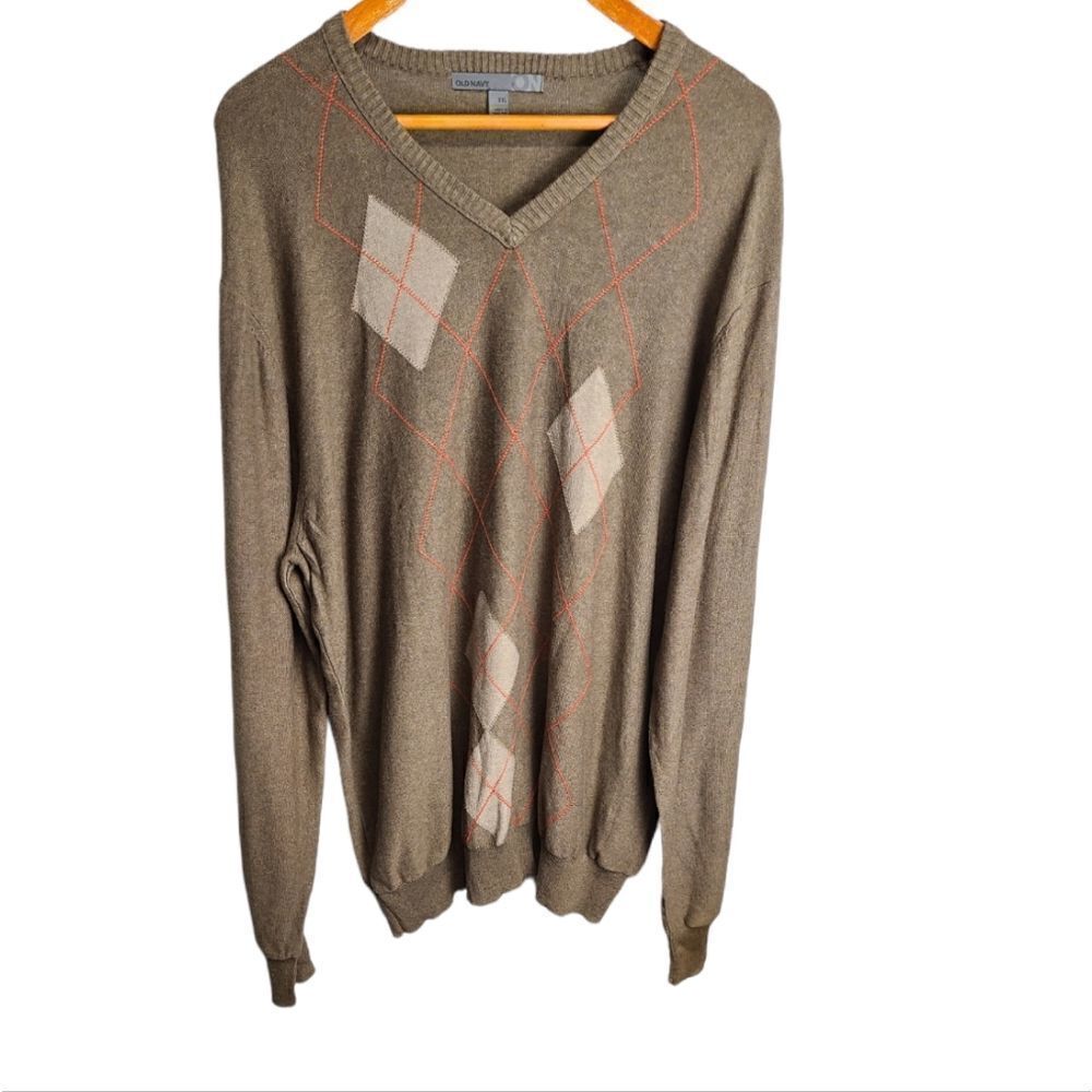 Old Navy‎ Men’s Argyle Long Sleeve Tan V-Neck Sweater Size XXL
